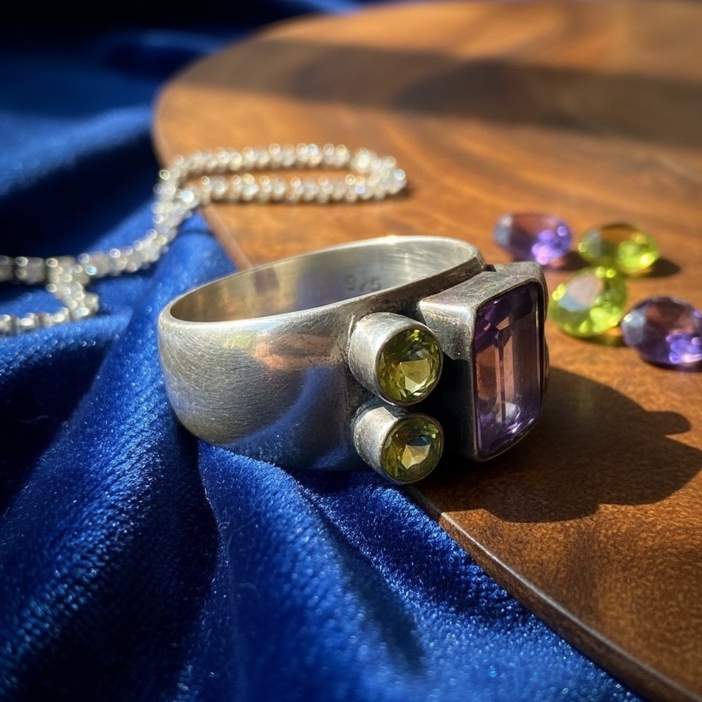 Geometric Nicky ButlerSterling Silver Purple and Green Gemstone Statement Ring - Picture 2 of 7
